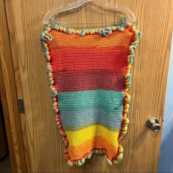 Handmade Crochet Rainbow Stripe Table Runner w/ Ruffle Edges - Picture 2 of 10